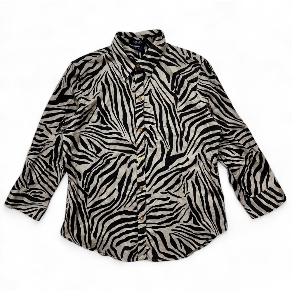 Chaps Zebra Animal Brown Print Gold Button Up‎ Blouse Top 3/4 Sleeve Large